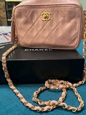 CHANEL Pink Quilted Leather Crossbody with Gold Chain